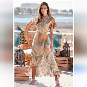 NWT.Lascana Dress Women Size 8 Tan Shift Asymmetrical Slit Short Sleeve.